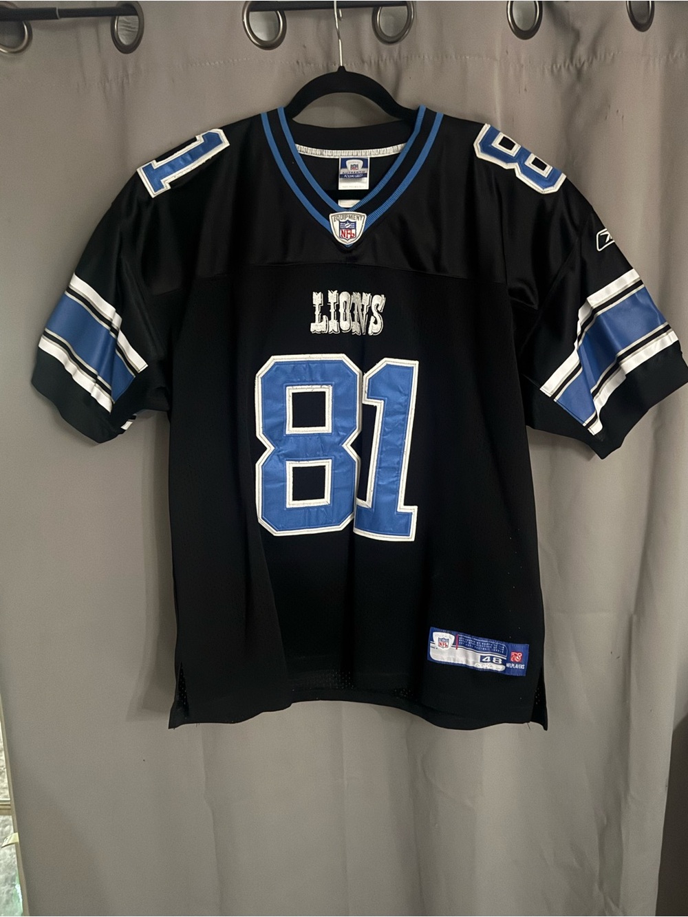 Reebok Detroit Lions Black and Royal Blue Calvin Johnson #81 Jersey